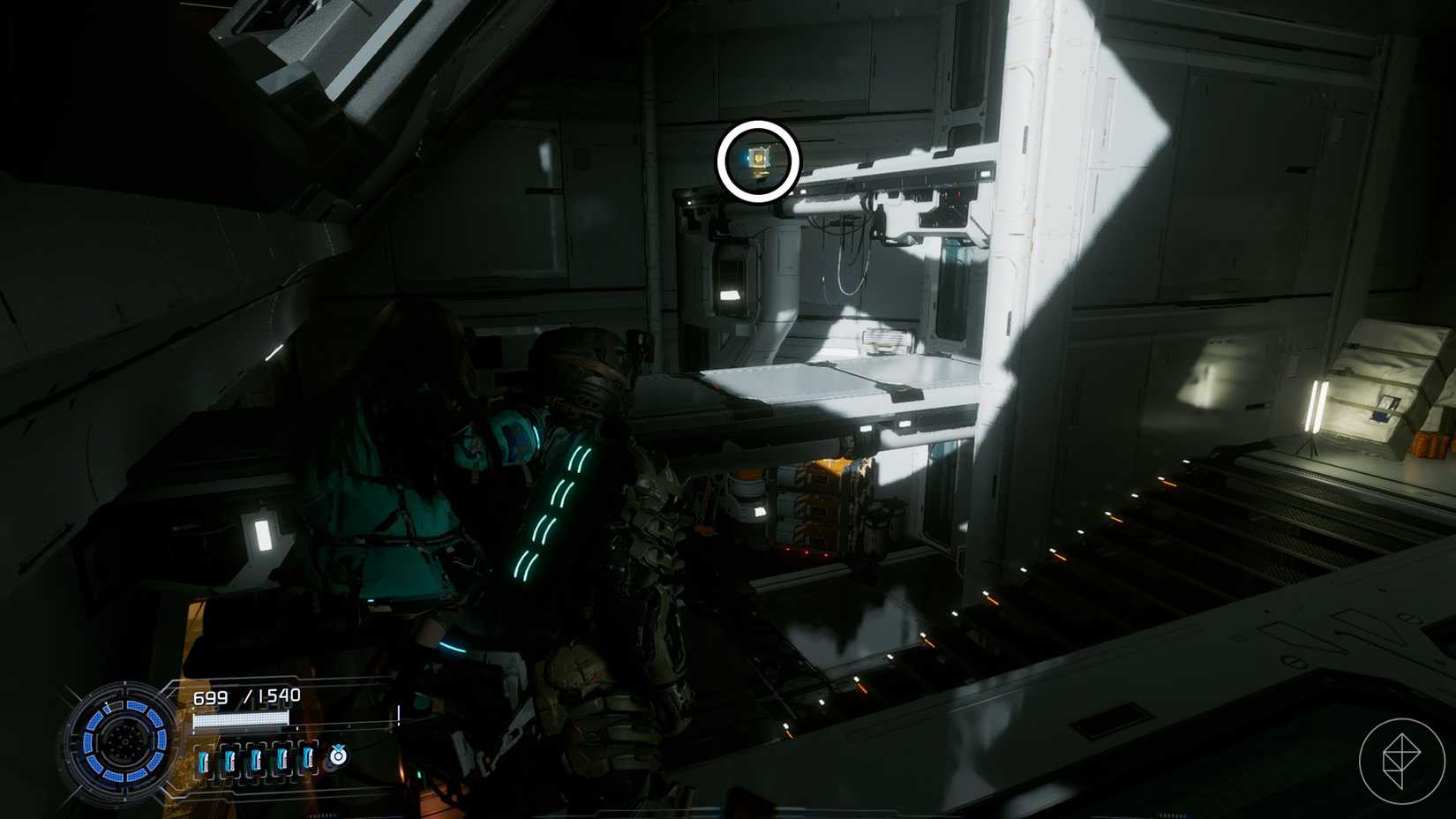 A Pragmata screenshot showing the location of an upgrade component in the Lunum Miness sector