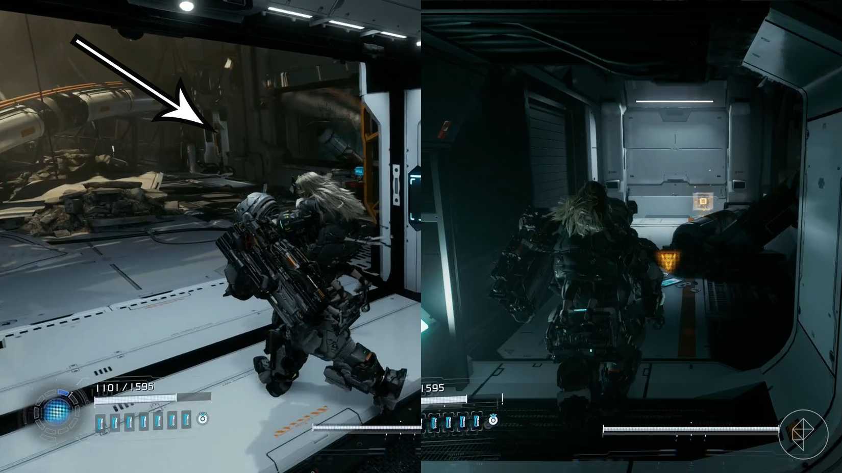 A montage using two Pragmata images showing the location of an upgrade component in the Central Port sector