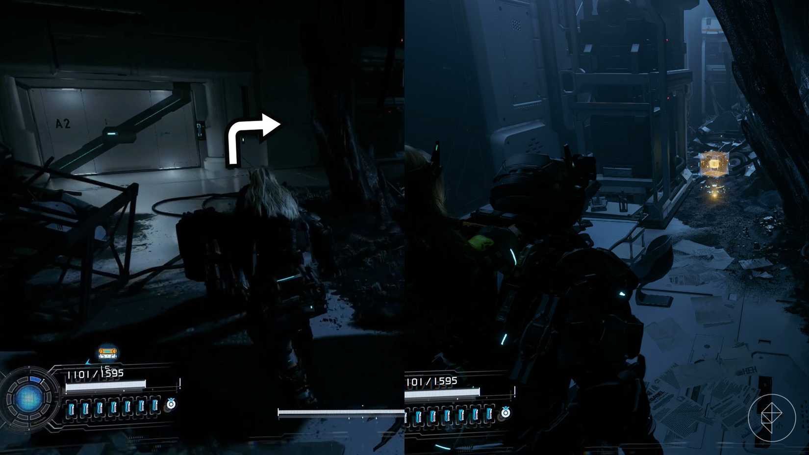 A montage using two Pragmata images showing the location of an upgrade component in the Central Port sector