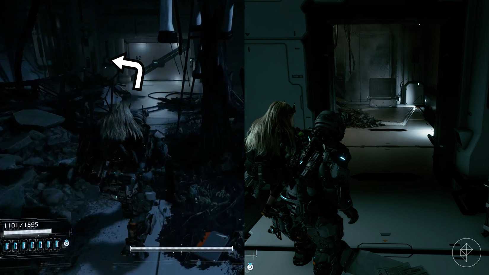 A montage using two Pragmata images showing the location of an upgrade component in the Central Port sector