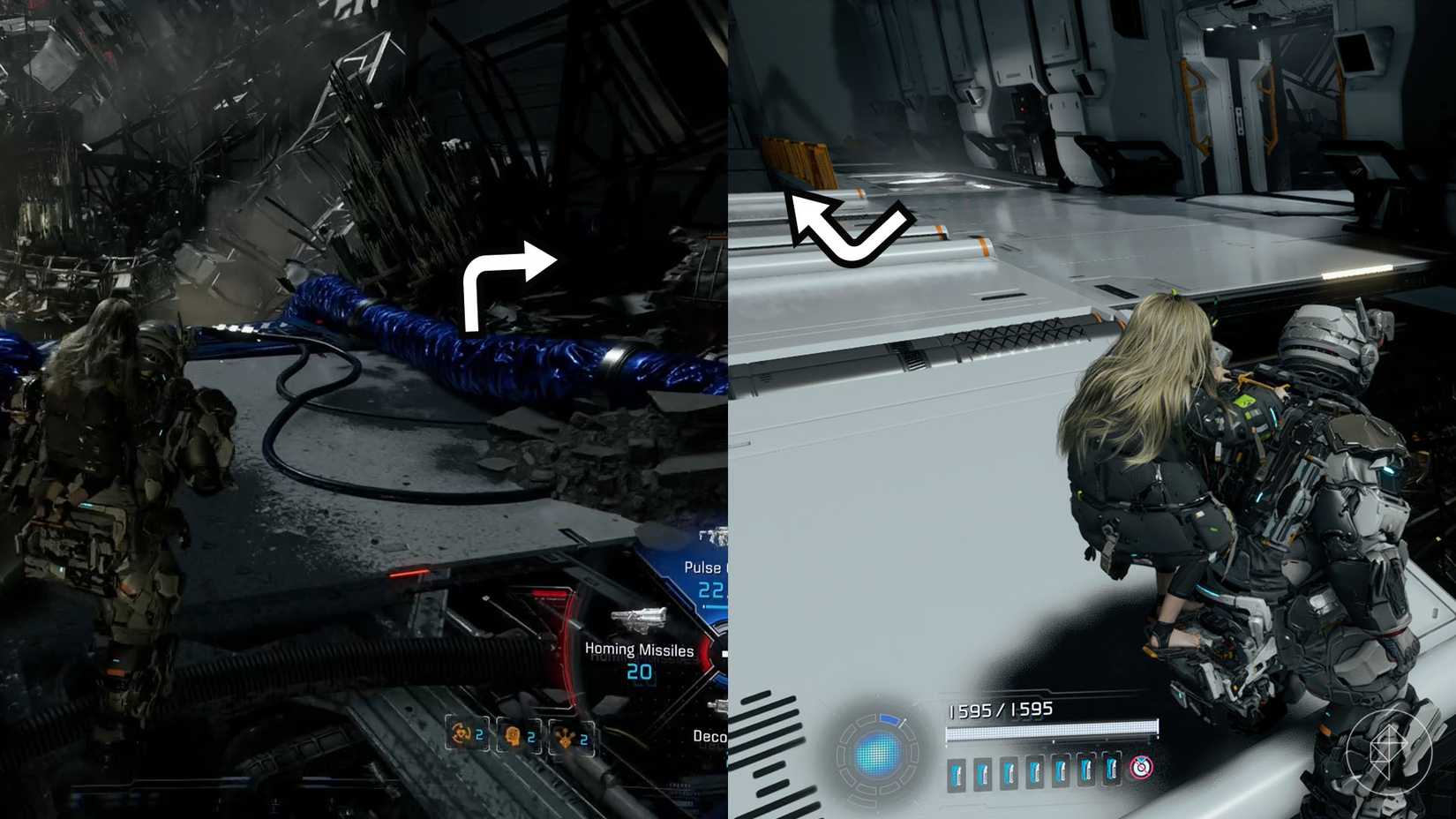 A montage using two Pragmata images showing the location of an upgrade component in the Central Port sector