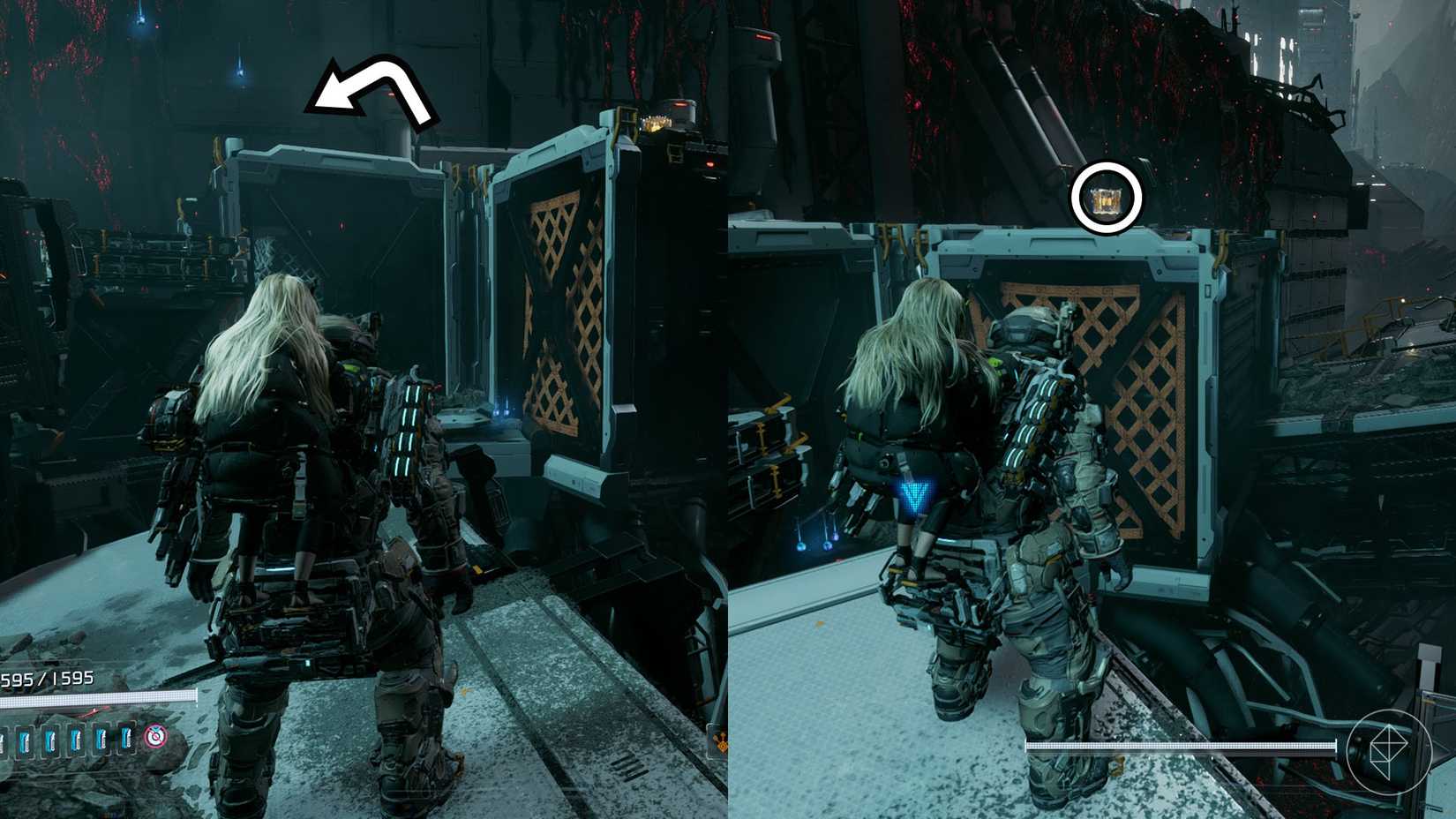 A montage using two Pragmata images showing the location of an upgrade component in the Central Port sector