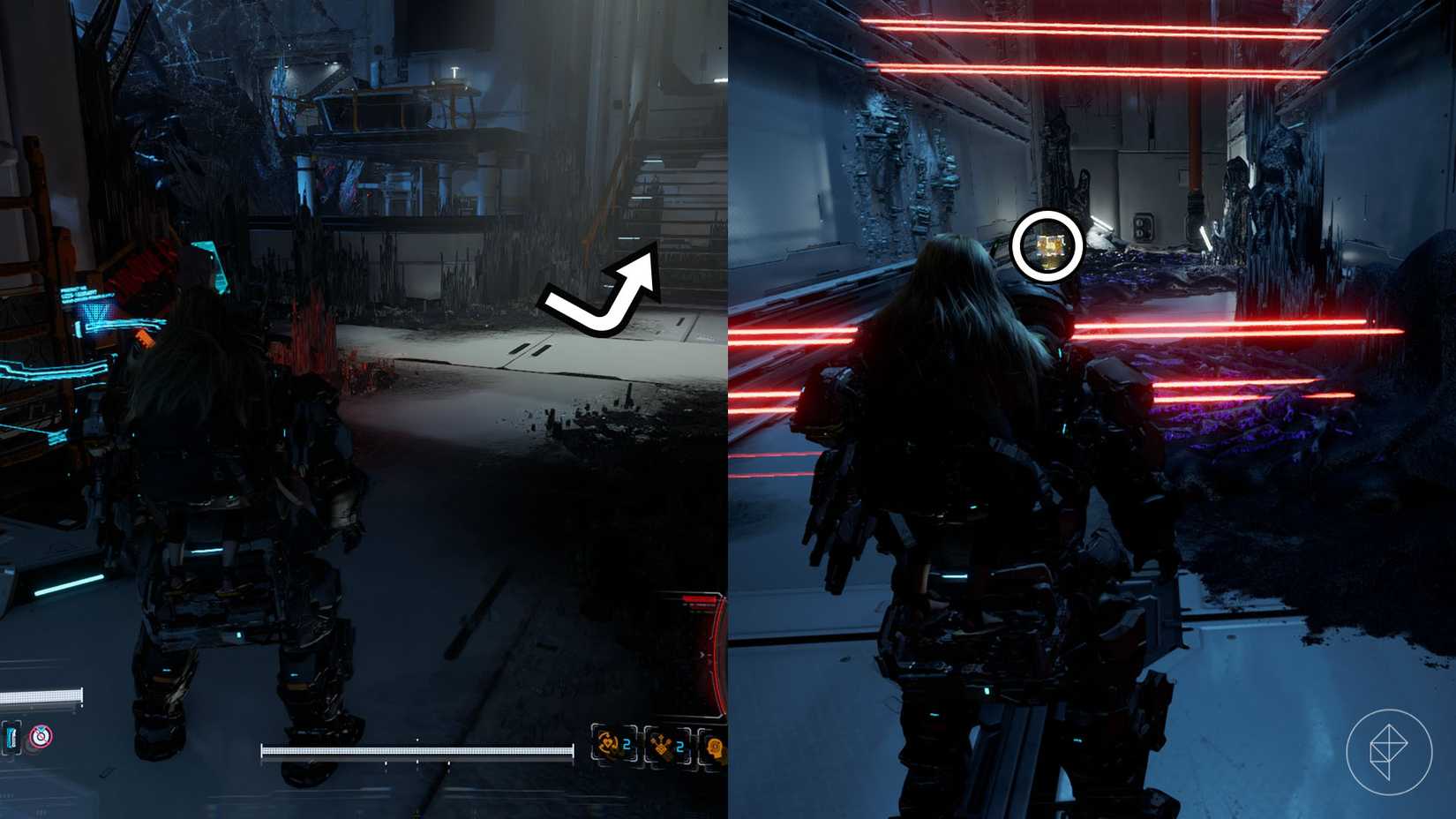 A montage using two Pragmata images showing the location of an upgrade component in the Central Port sector