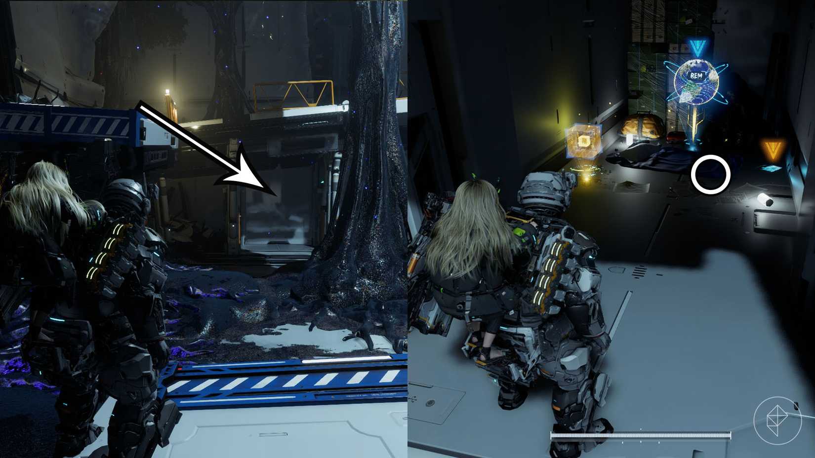 A montage using two Pragmata images showing the location of an upgrade component in the Central Port sector