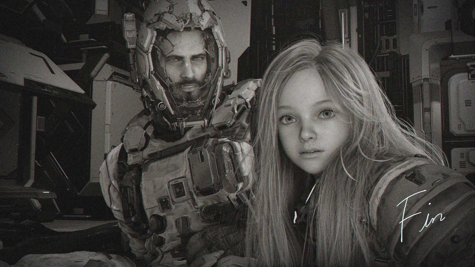 A black and white image of Hugh, a man in a space suit, an Diana, a little girl robot, in Pragmata with "Fin" written in the bottom right corner.