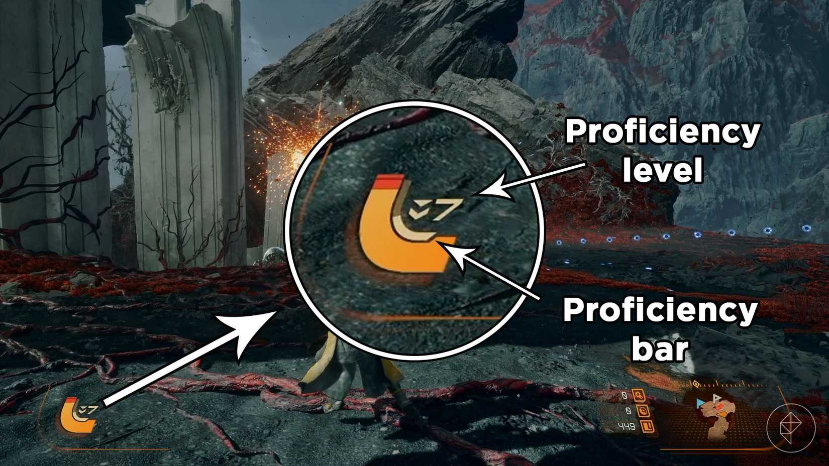 A close up shot of the proficiency meter found in the bottom left corner of Saros.