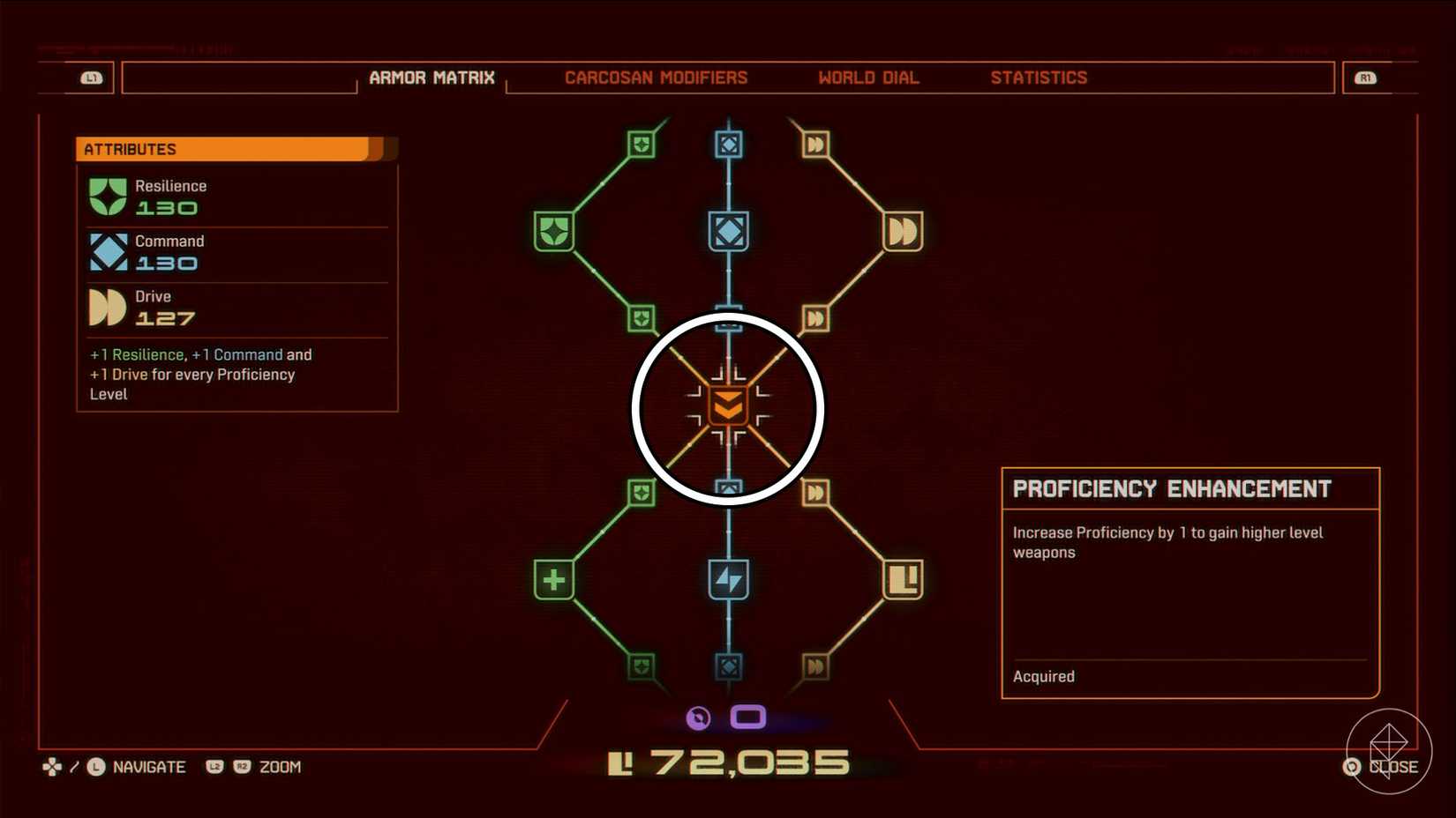 An orange square with two downward arrows found in the Armor Matrix in Saros.