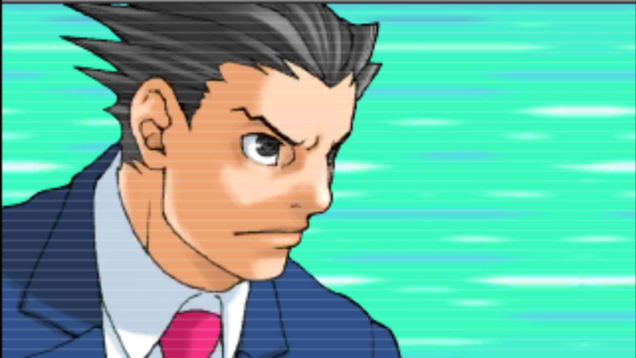 Phoenix Wright glares in front of a green screen