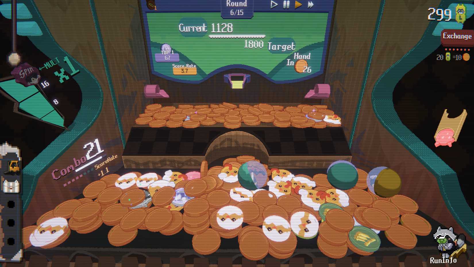 Coins sit in a coin pusher machine table in Raccooin.