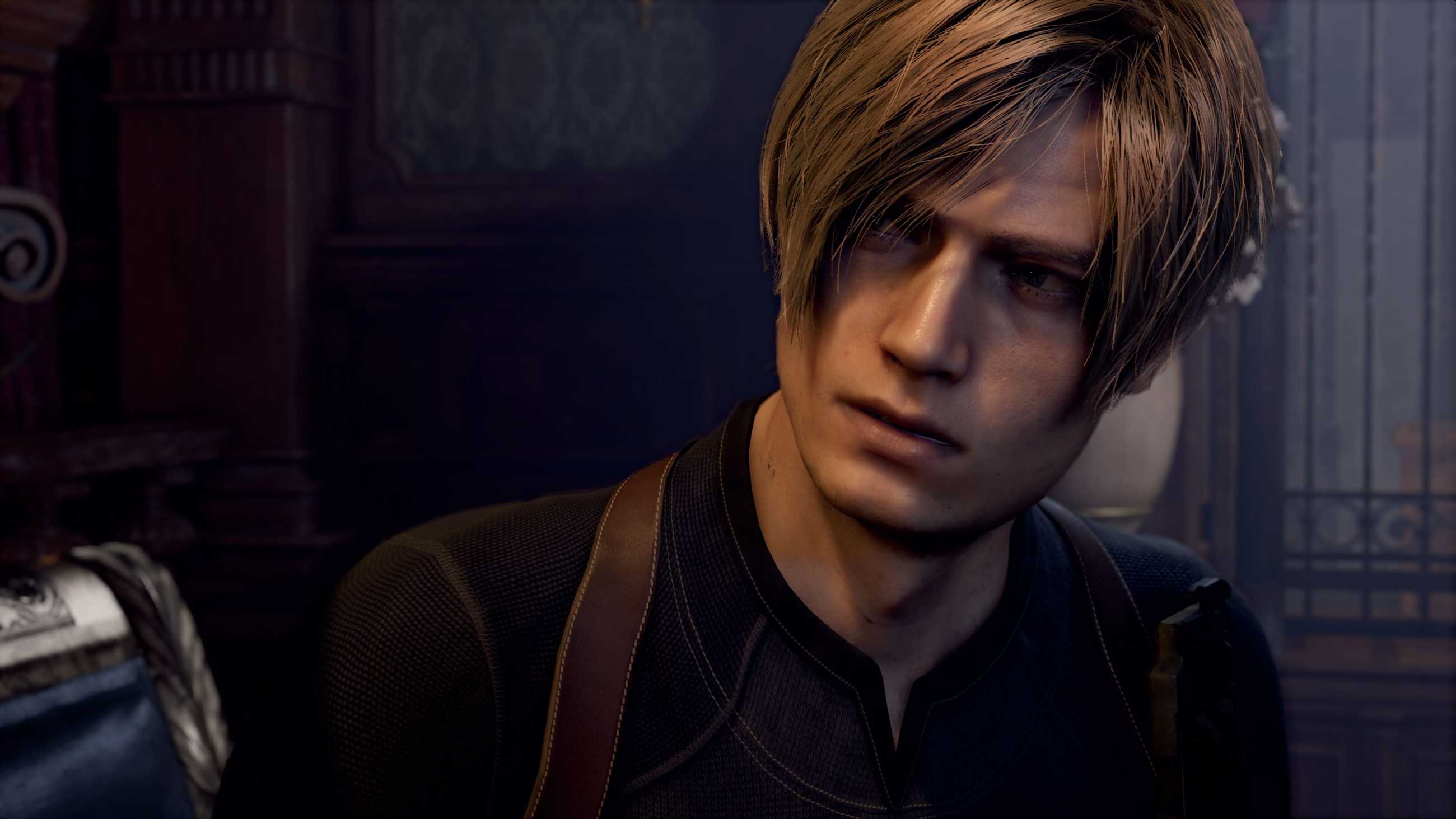 Leon S Kennedy stares himbo-ly in Resident Evil 4 Remake