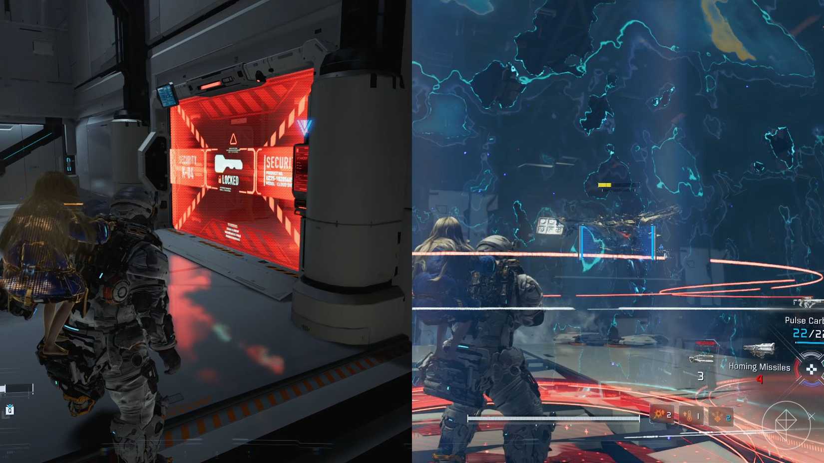 A man carrying a girl on his back looking at a red door and standing inside a bubble in Pragmata.