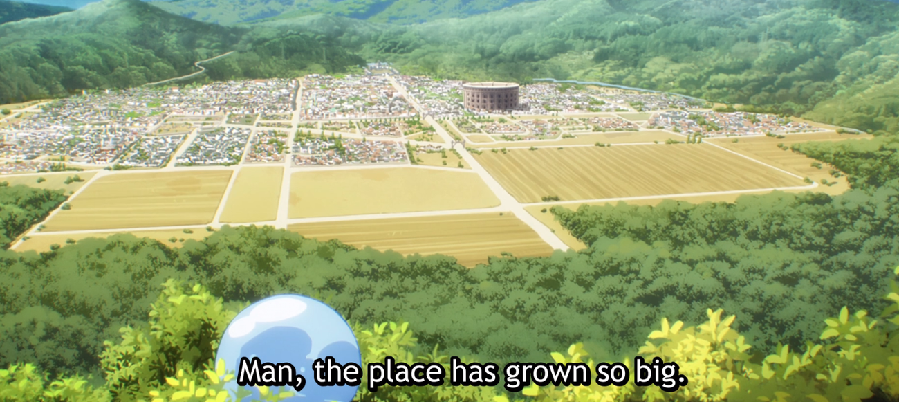 Reincarnated as a Slime season 4 episode 1 screenshot showing Rimuru in his slime form observing the kingdom of Tempest from a tree