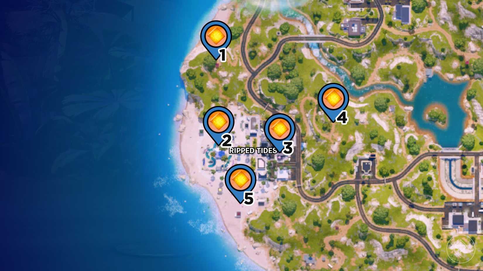 A map of Ripped Tides from Fortnite with locations of chaos cubes marked on the map with pins.