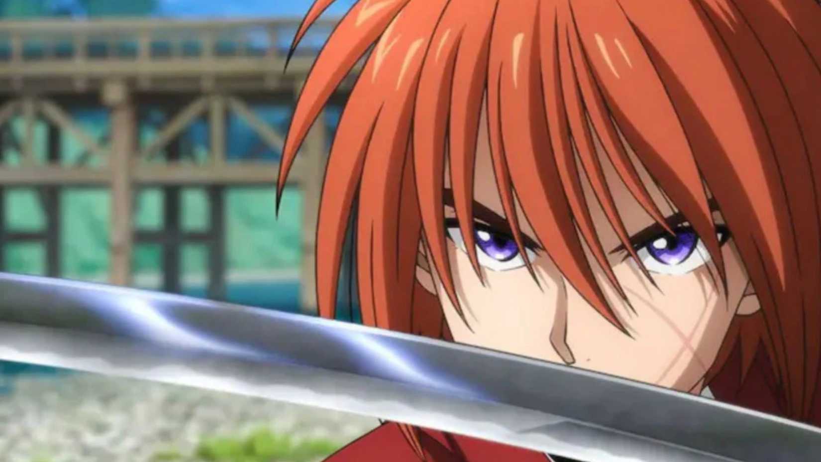 Scene from Rurouni Kenshin featuring the swaordsman drawing his blade, the Sakabato.
