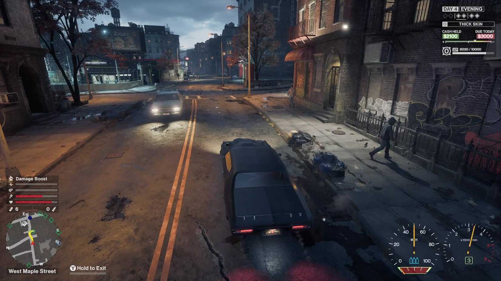 The player driving Samson's muscle car in Samson, with another car on the other side of the road.