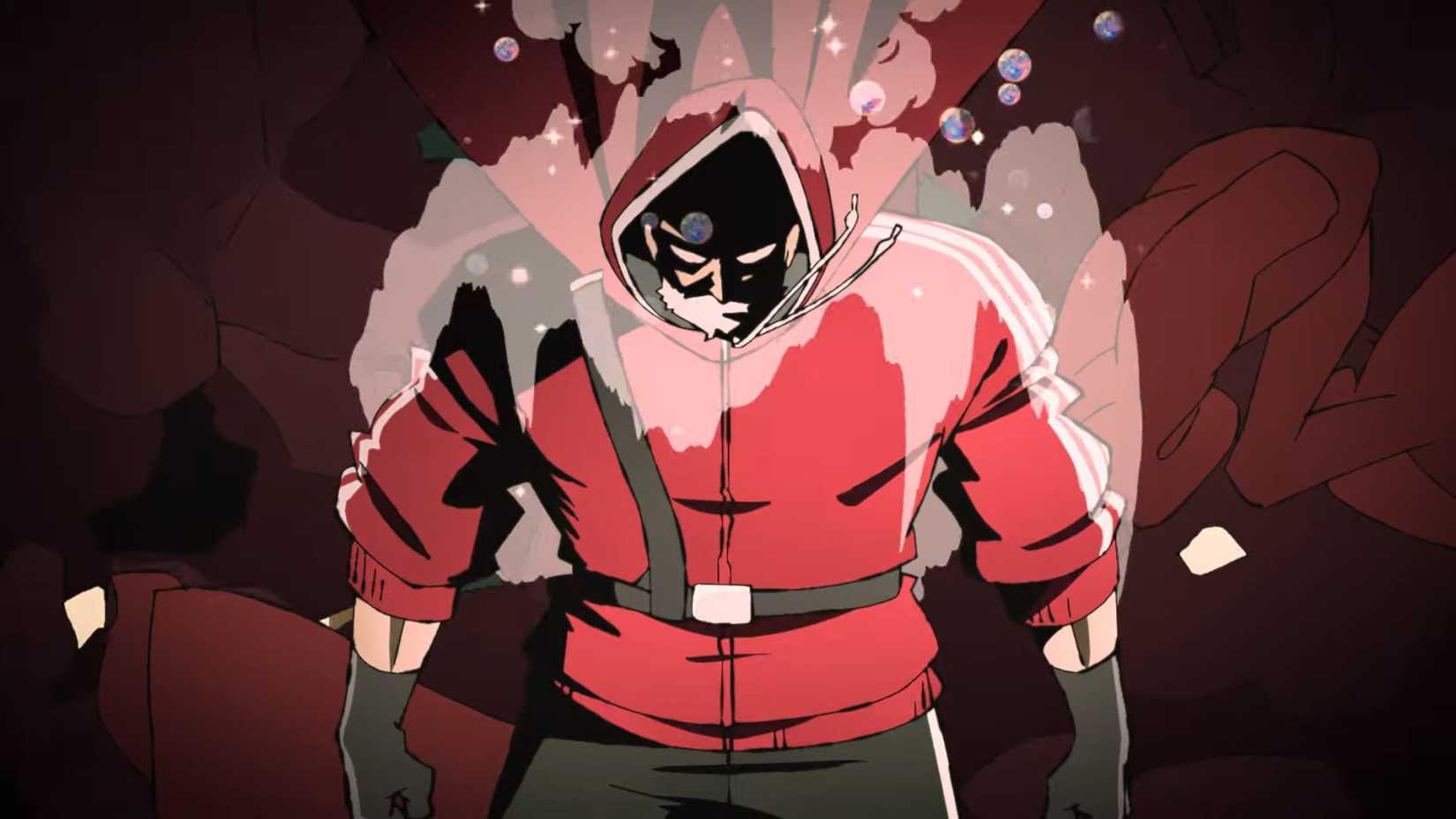 A shot from the Sanda anime showing the protagonist transforming into Santa Claus