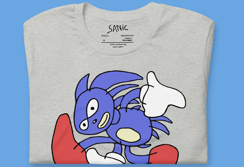 A shirt showing the meme character Sanic Hegehog (Sonic the Hedgehog)