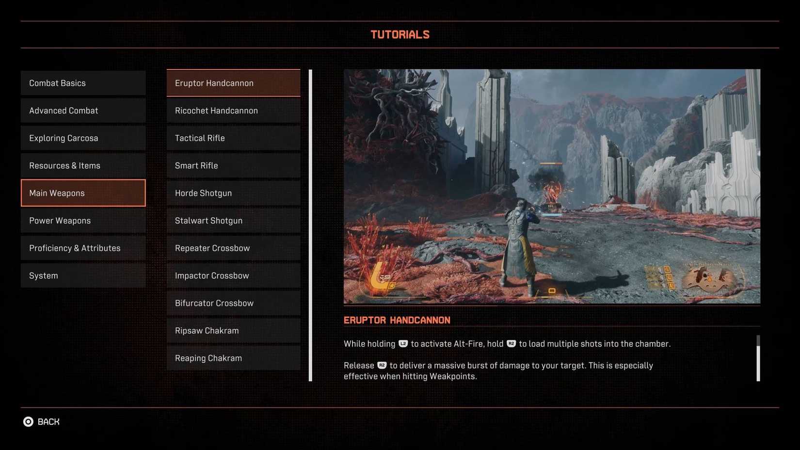 The Eruptor Handcannon tutorial screen in Saros.