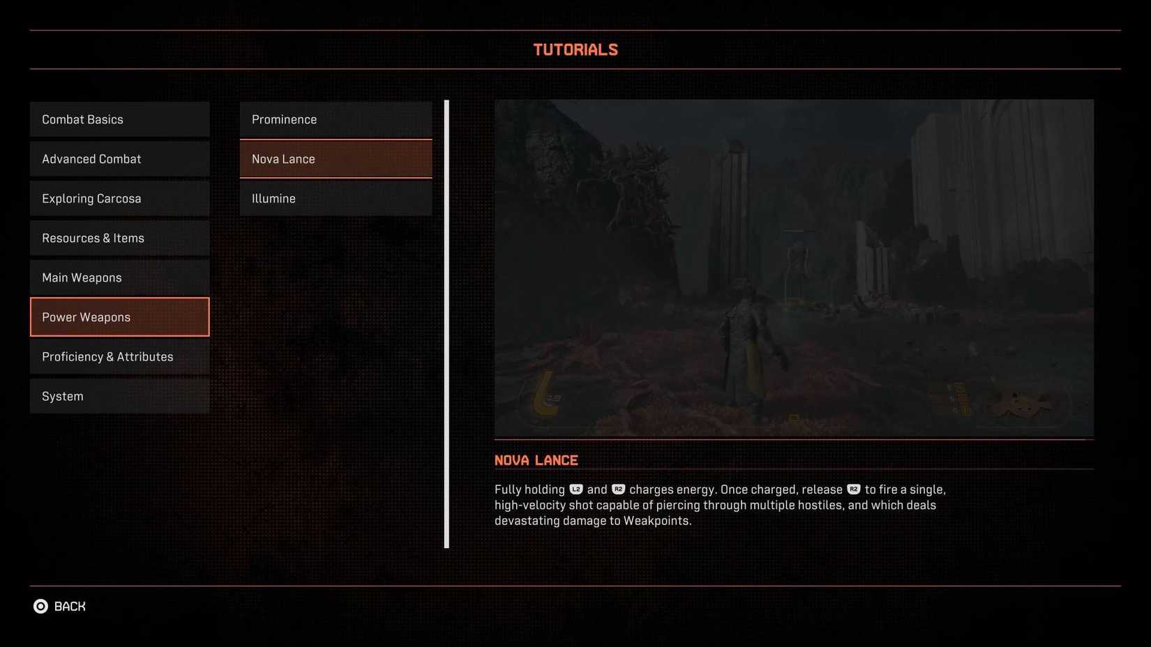 The Nova Lance tutorial screen in Saros.