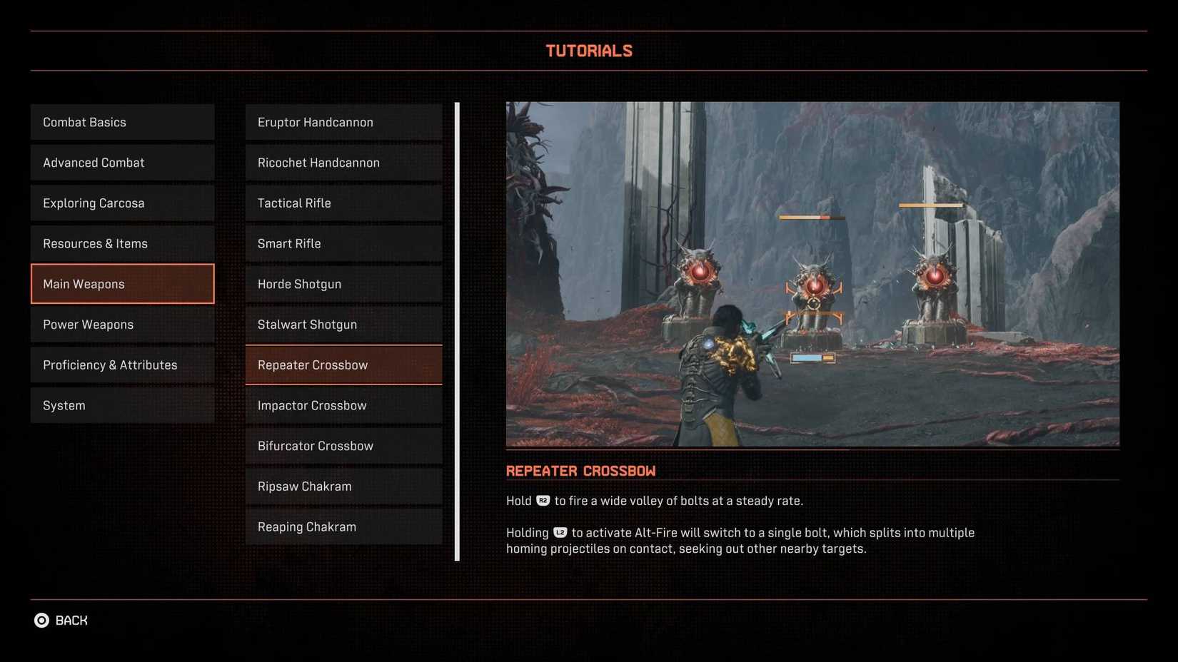 The Repeater Crossbow tutorial screen in Saros.