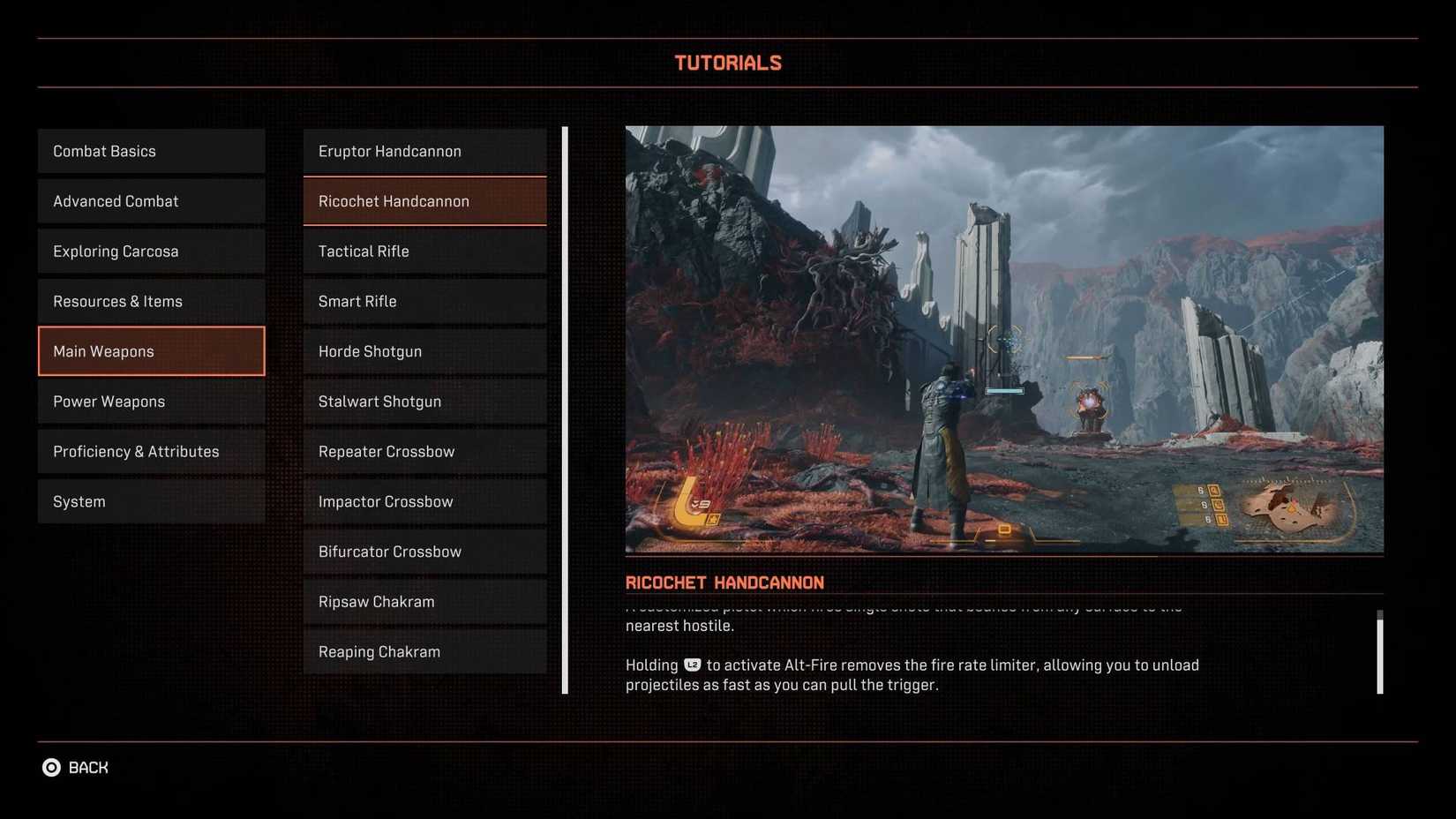 The Ricochet Handcannon tutorial screen in Saros.