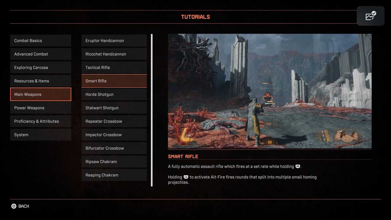 The Smart Rifle tutorial screen in Saros.
