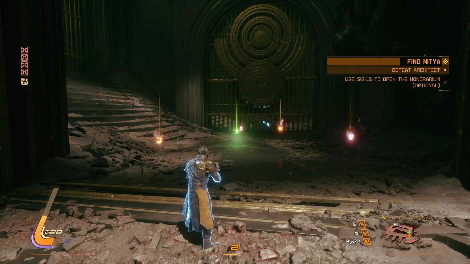 The player in Saros standing in front of an open gate with loot inside.