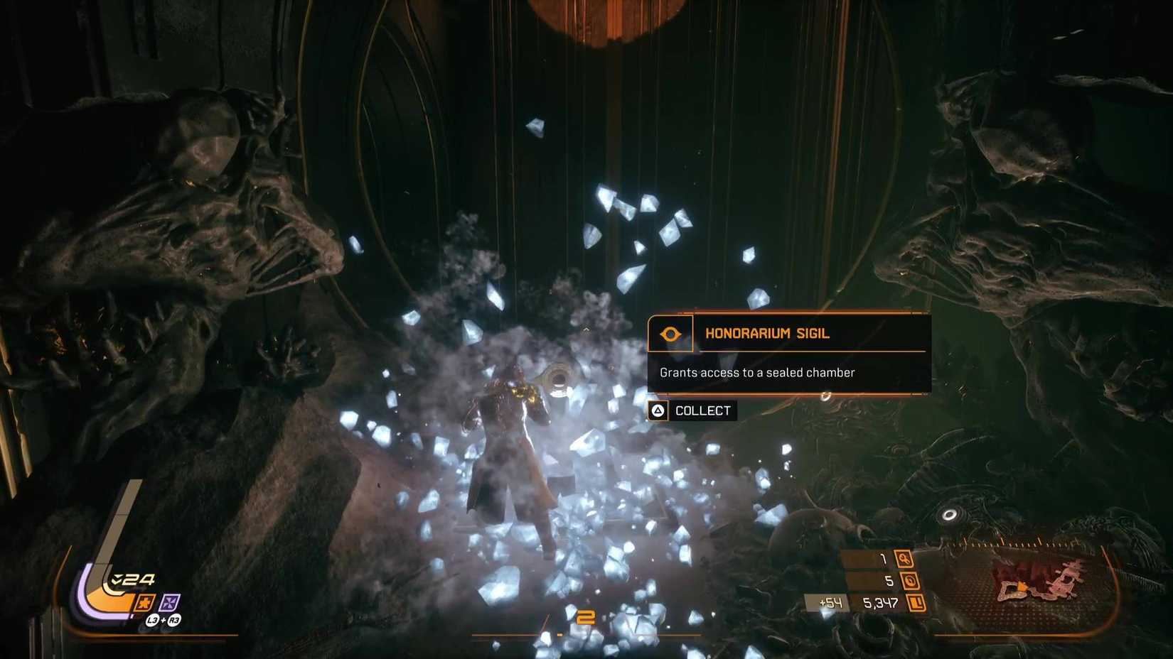 The player in Saros standing in front of an Honorarium Sigil.