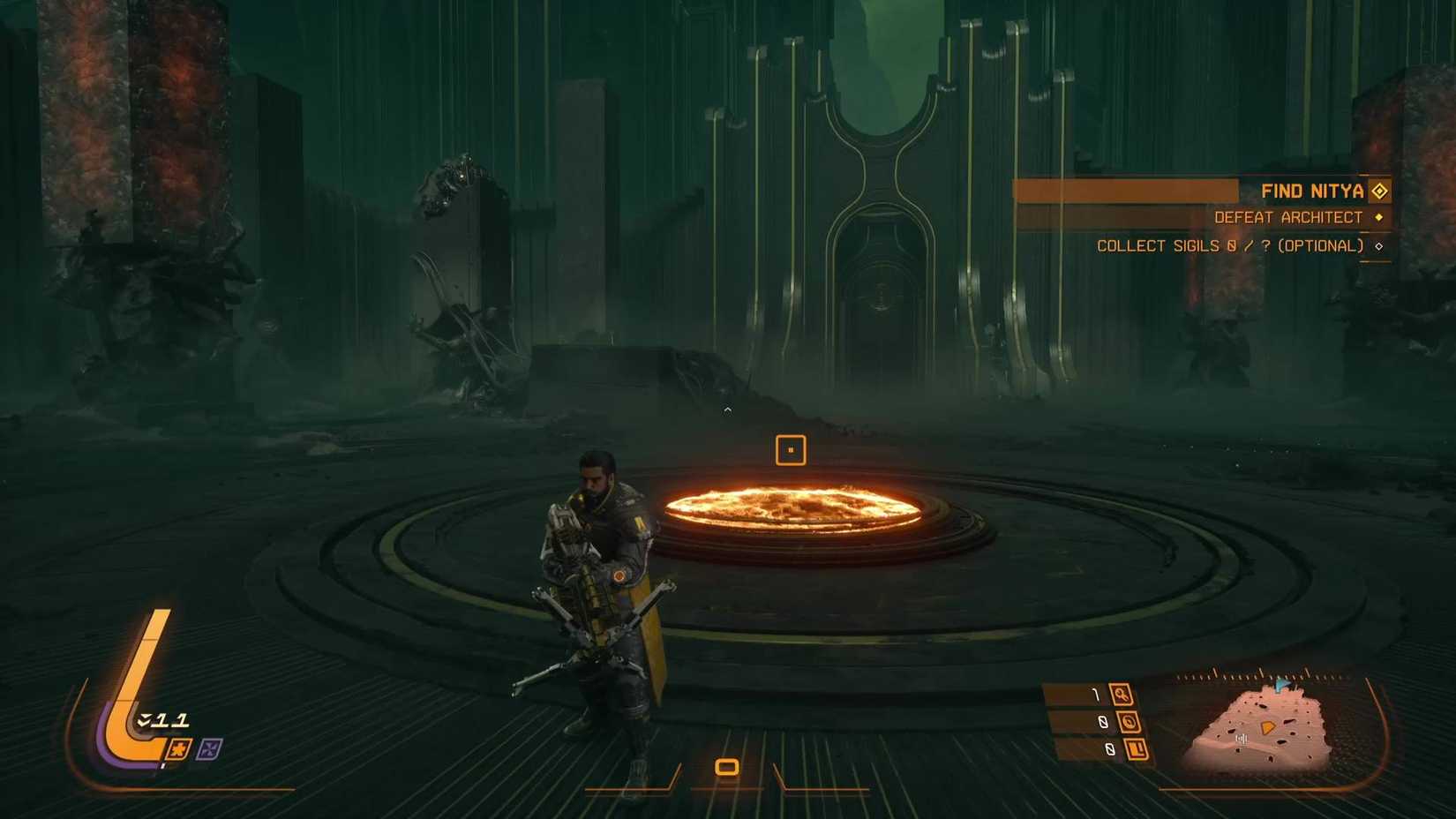 The player in Saros standing in the Desecrated Fortress with the optional objective of collecting sigils.