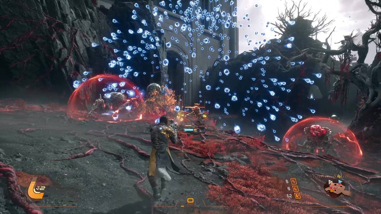 The player in Saros using auto-hit to shoot at a group of enemies.