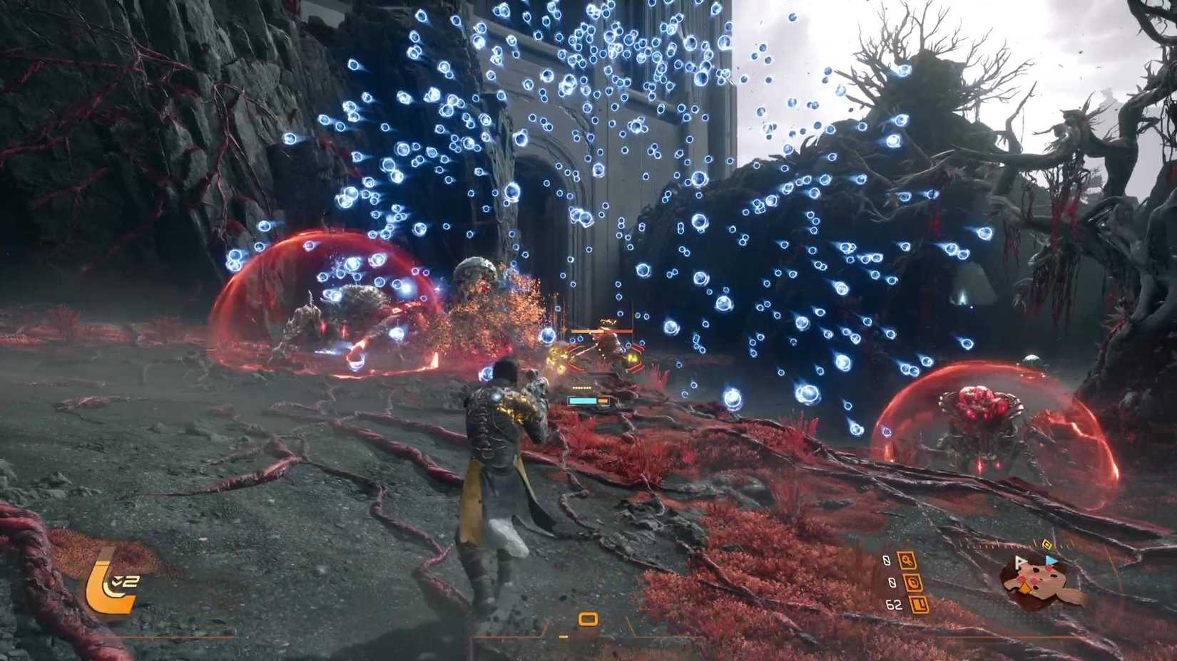 The player in Saros using auto-hit to shoot at a group of enemies.