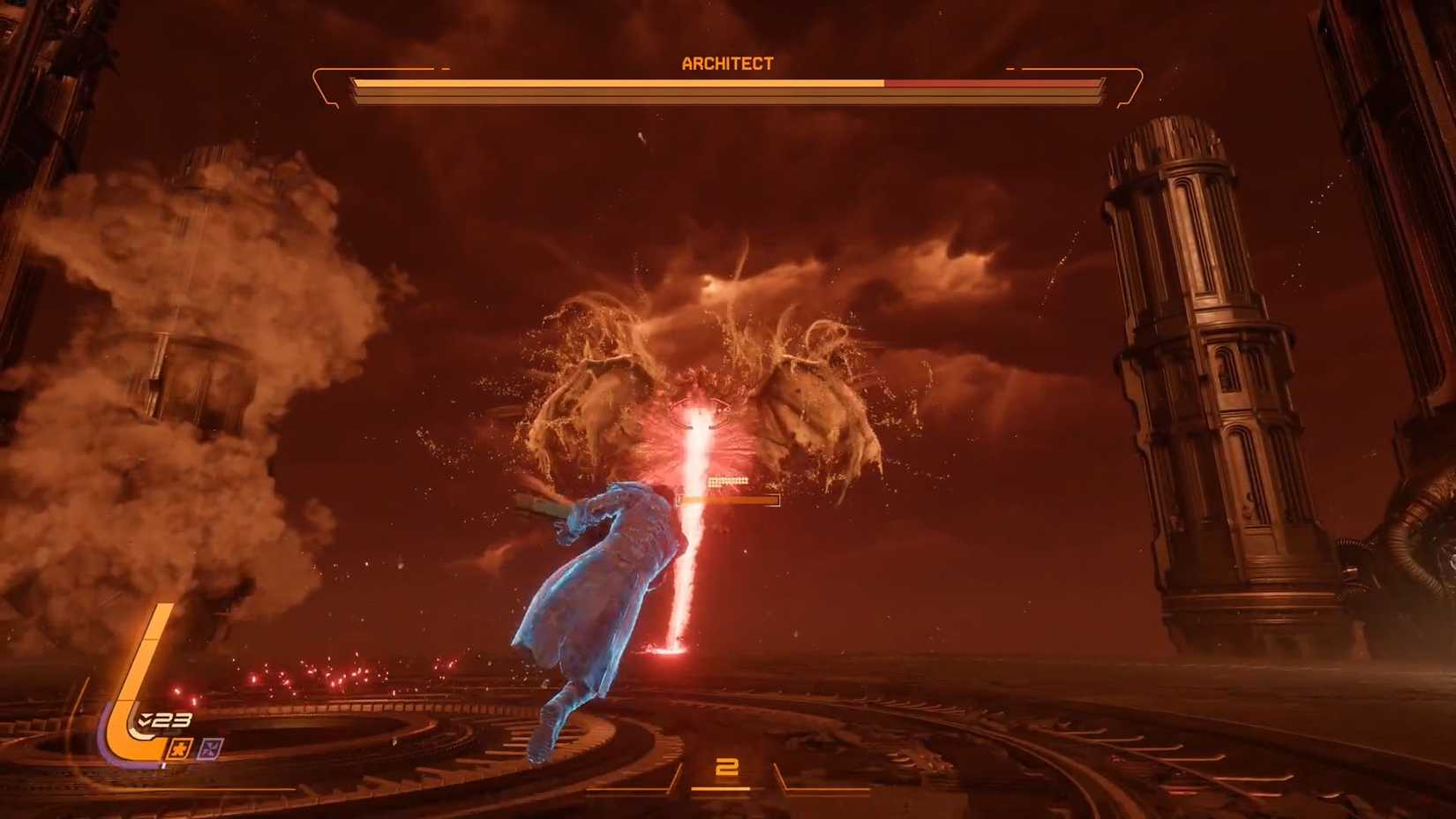 A Saros screenshot showing the Architect boss firing a Nova laser