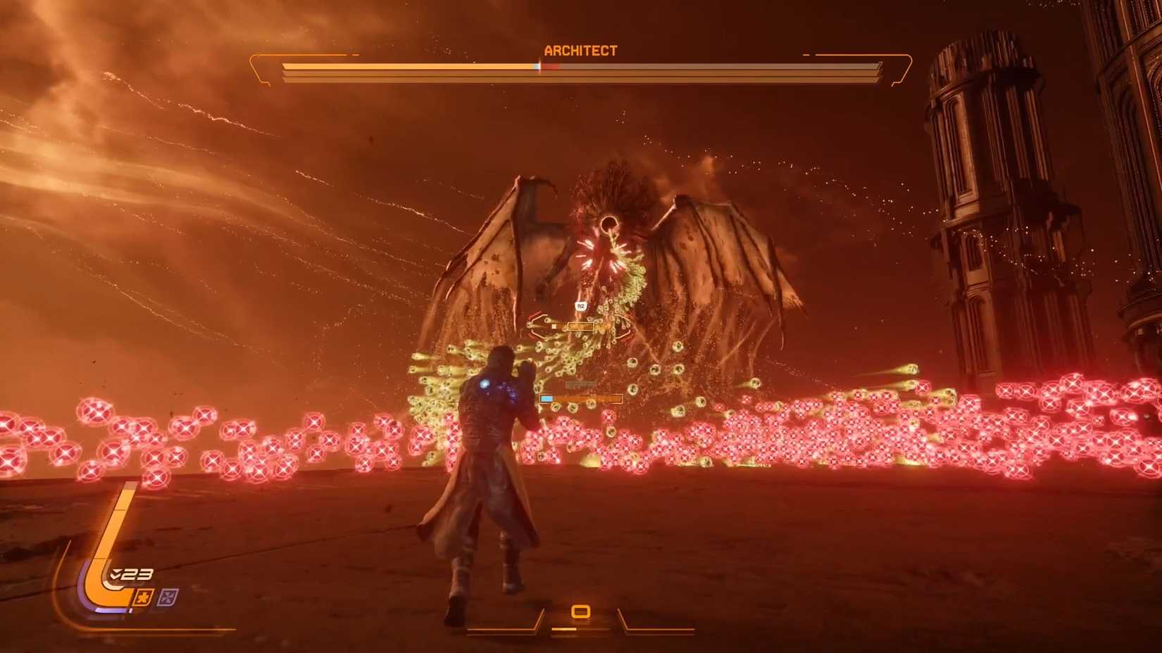 A Saros screenshot showing the Architect boss firing Corrupted orbs