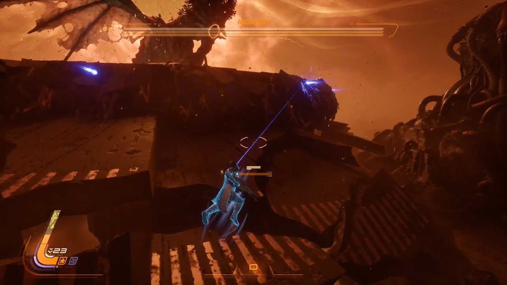 A Saros screenshot showing the main character using a glappling hook to pull himself back to an arena