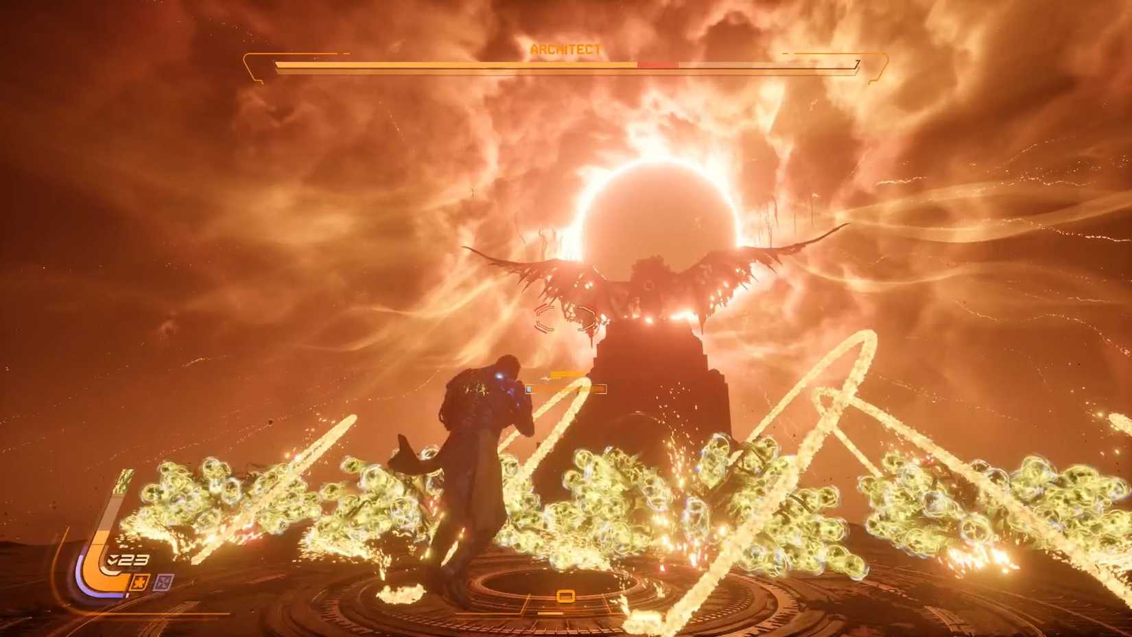 A Saros screenshot showing the Architect boss sitting on a peak in the horizong and yellow orbs exploding on the arena