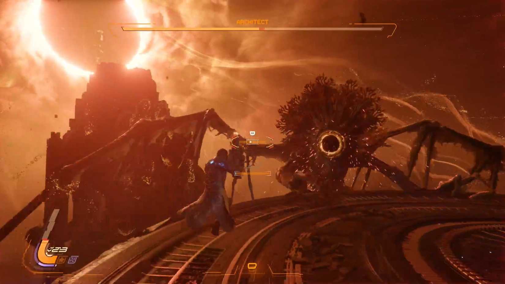 A Saros screenshot showing the Architect holding to the side of the arena