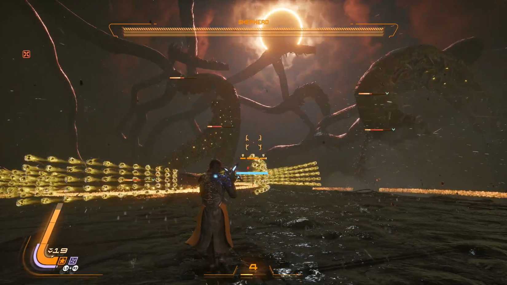 A Saros screenshot showing the first phase of the Shepherd boss fight