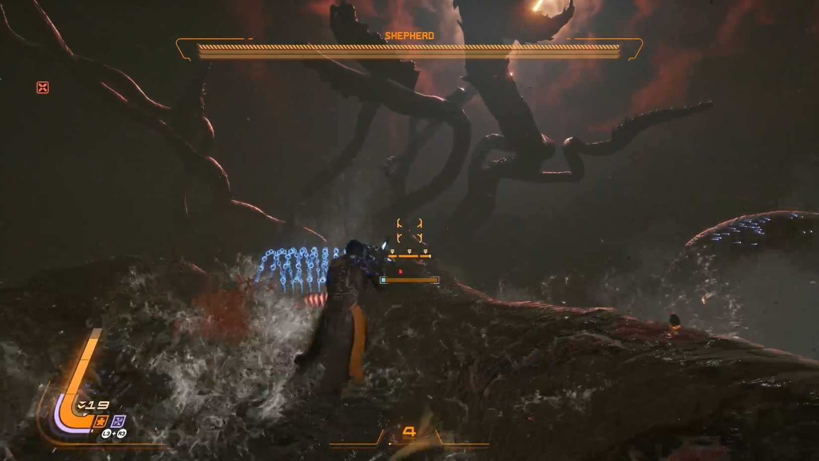 A Saros screenshot showing the first phase of the Shepherd boss fight