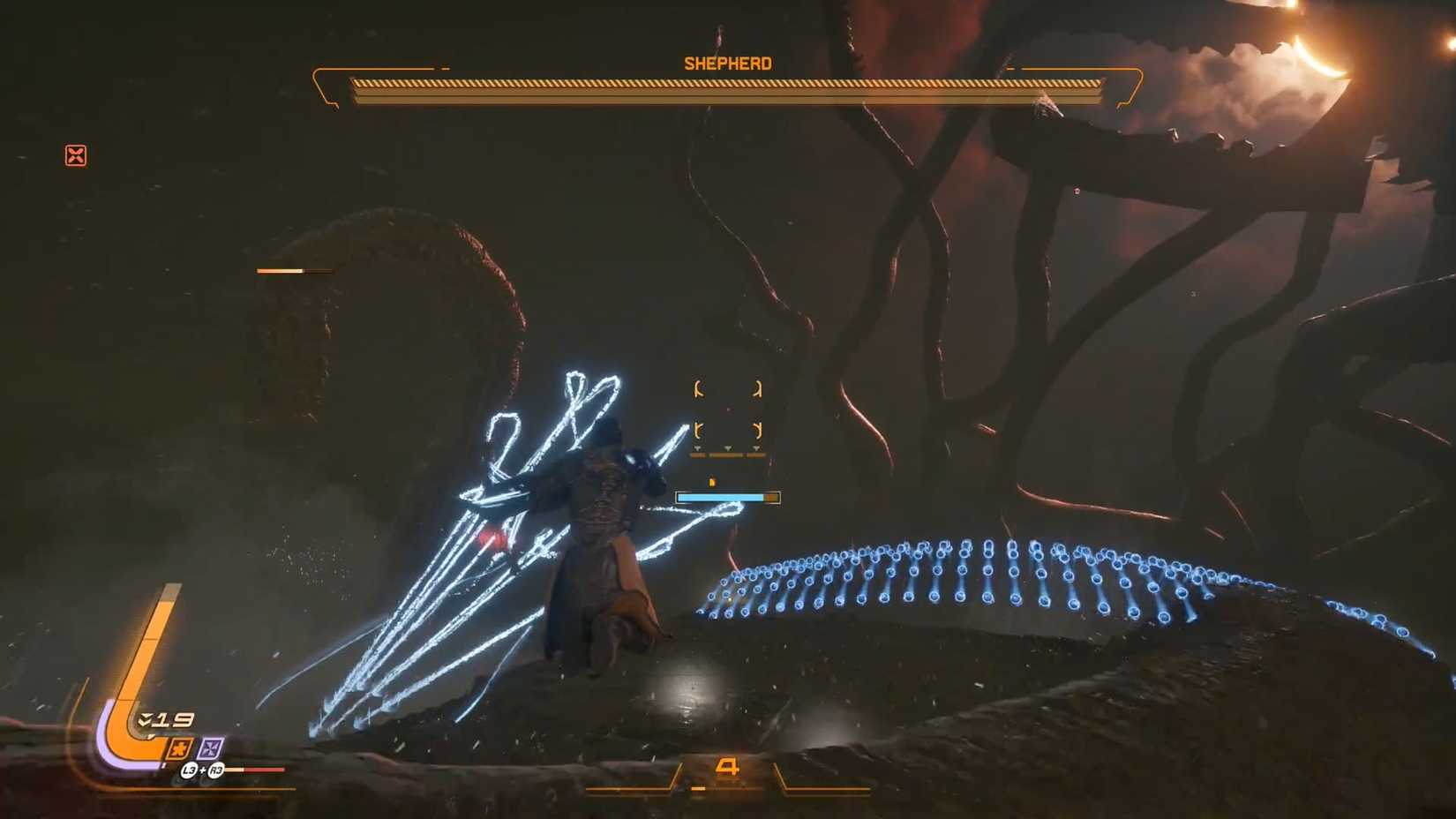 A Saros screenshot showing the first phase of the Shepherd boss fight