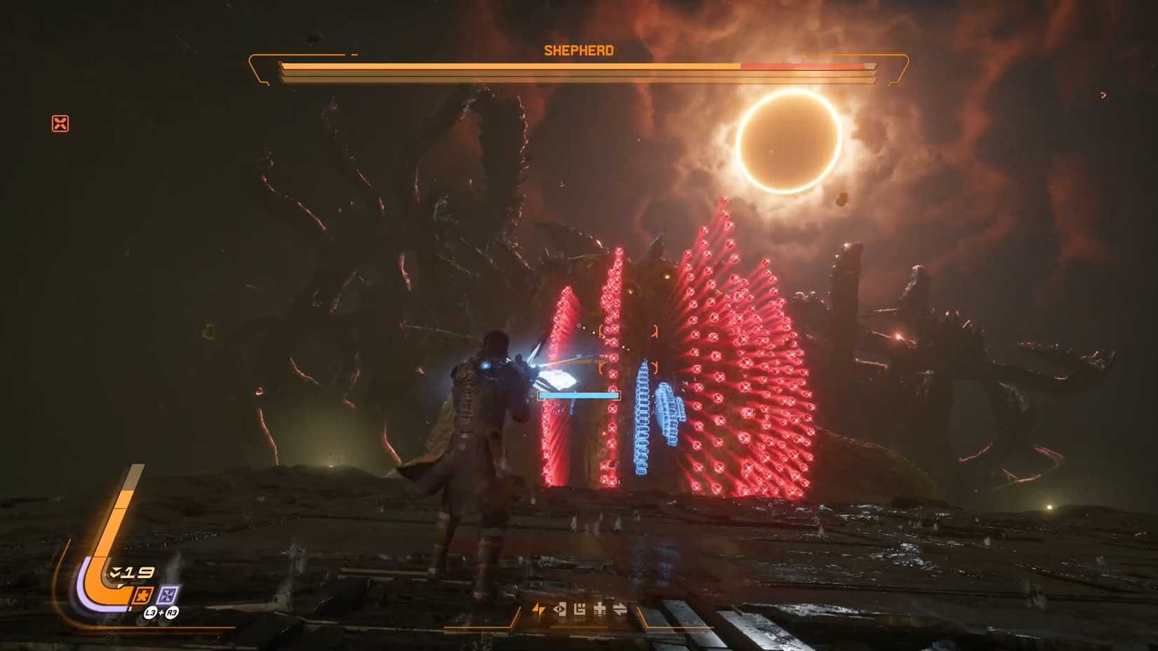 A Saros screenshot showing the first phase of the Shepherd boss fight