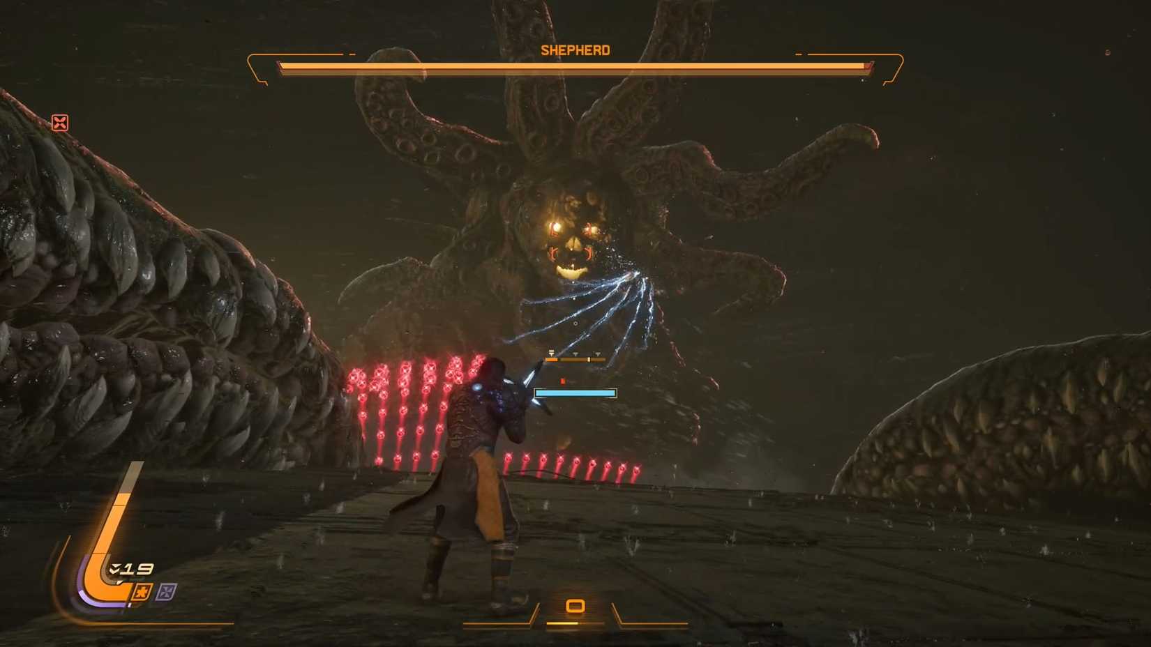 A Saros screenshot showing the second phase of the Shepherd boss fight