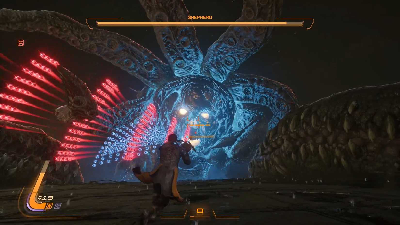 A Saros screenshot showing the second phase of the Shepherd boss fight