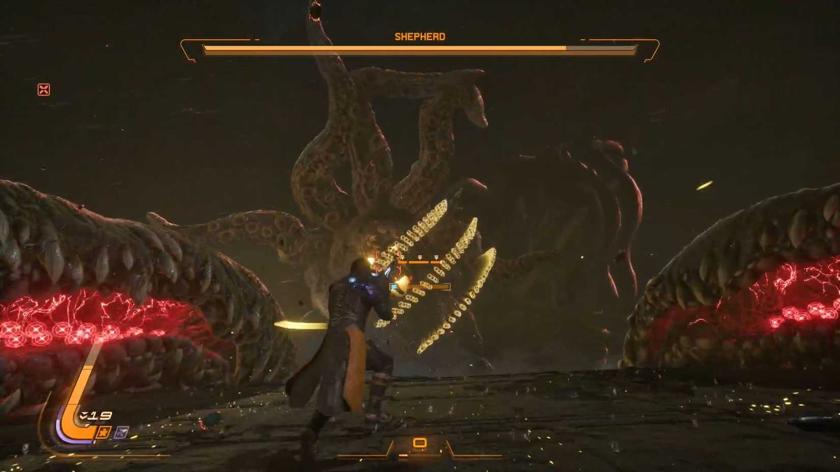 A Saros screenshot showing the second phase of the Shepherd boss fight