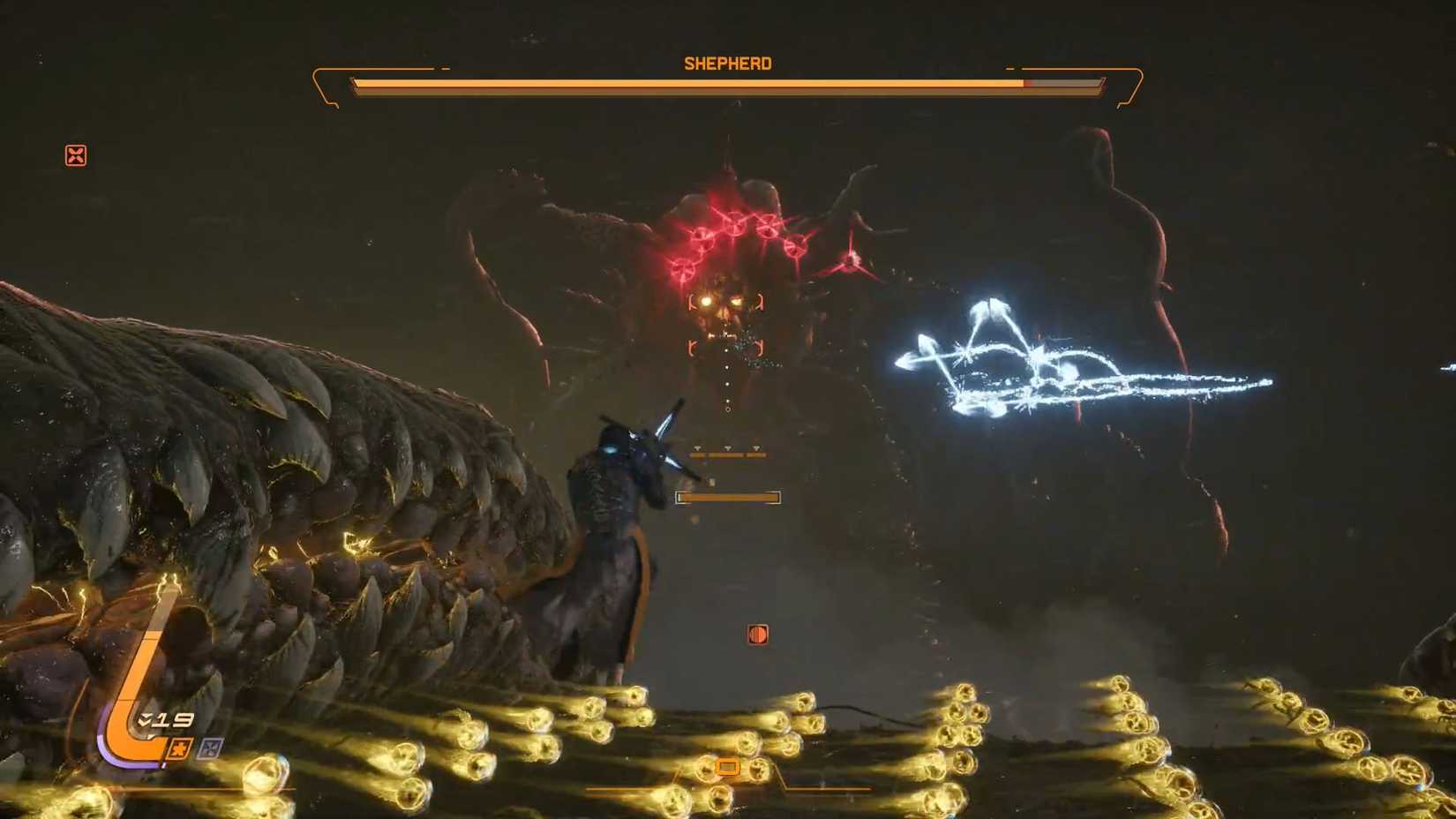 A Saros screenshot showing the second phase of the Shepherd boss fight