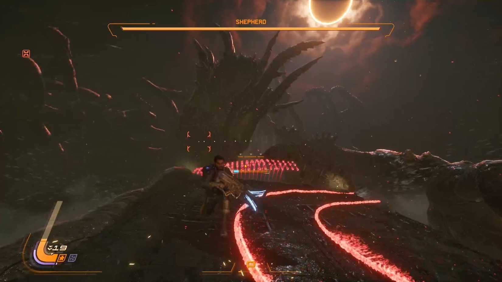 A Saros screenshot showing the third phase of the Shepherd boss fight