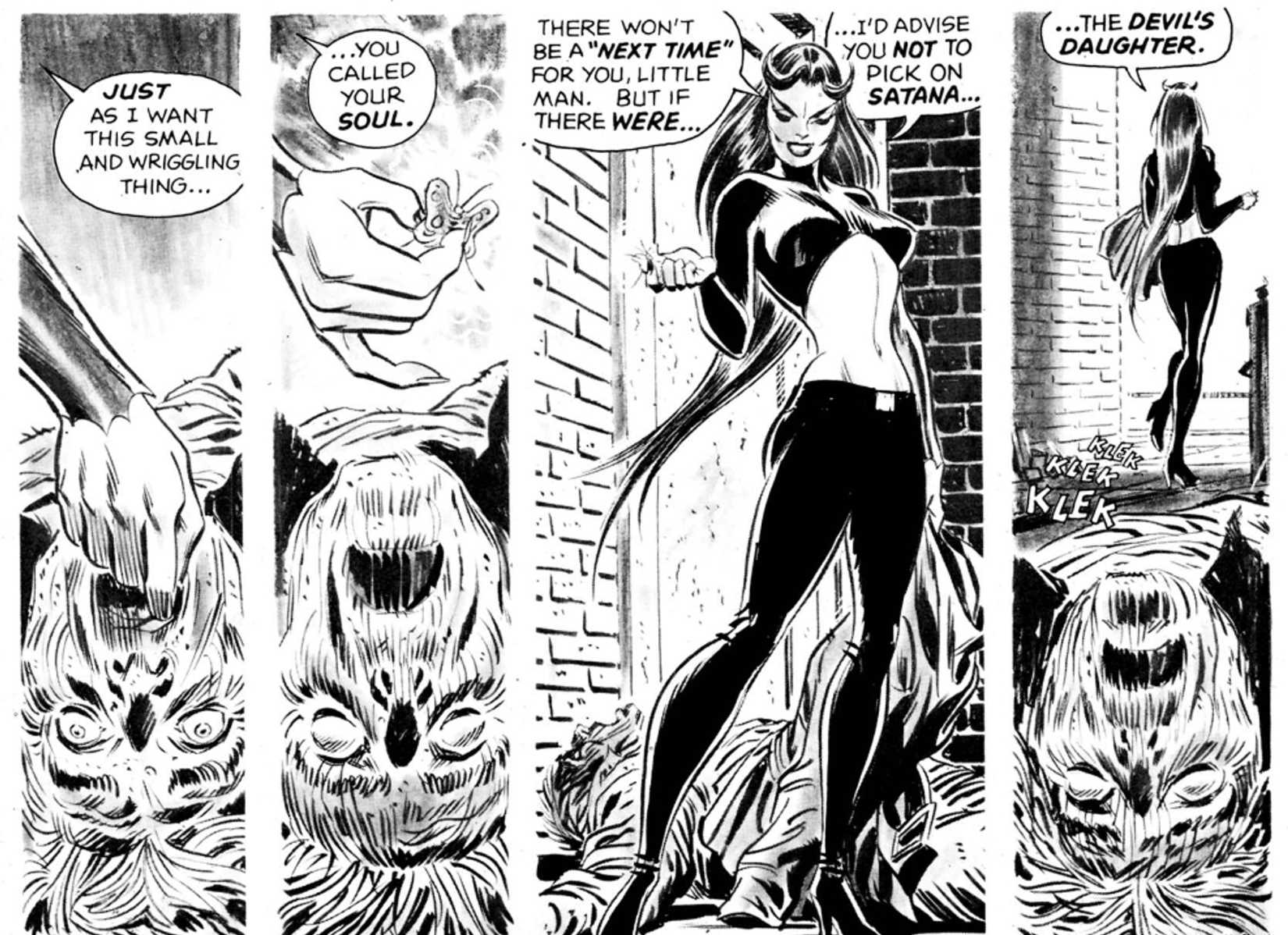 A four-panel clip from Marvel's Vampire Tales #2, the first appearance of Satana the succubus as she feeds on a man and leaves a lifeless husk behind, referring to herself as The Devil's Daughter