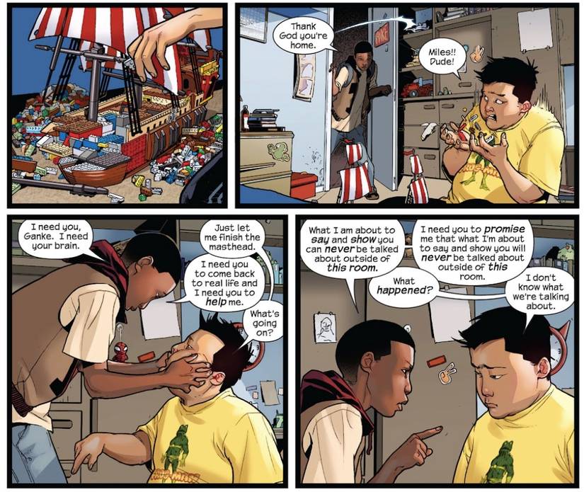 Miles Morales talks with his friend Ganke Lee in Ultimate Spider-Man