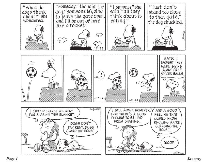 Three Peanuts comic strips, with Snoopy writing on a typewriter, catching a stray soccer ball, and sharing a blanket with Linus