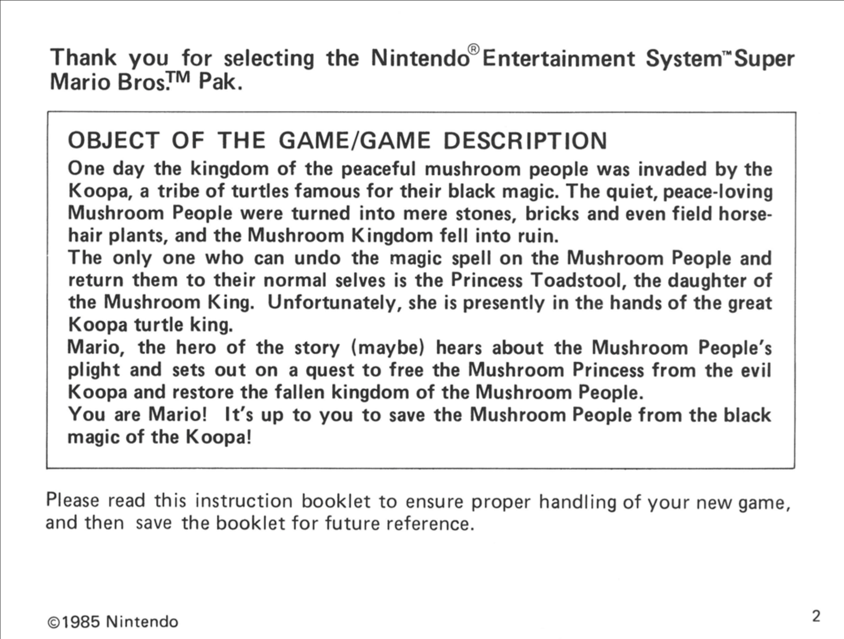 A screenshot of the NES manual for Super Mario Bros.