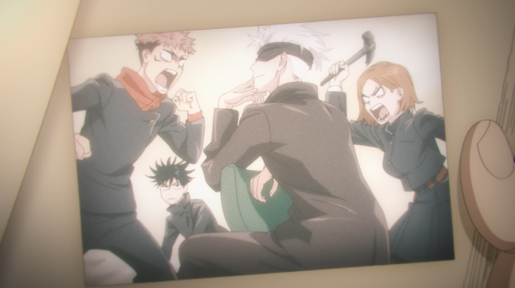 A flashback to Yuji, Nobara, Megumi, and Gojo during happier times in the Modulo promo